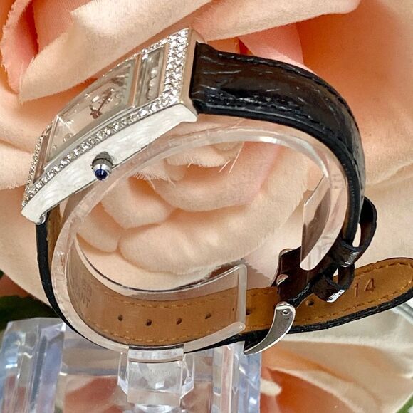 Pearl Rhinestone Embellished Art Deco Style Tank Watch with "Floating" Crystals - Picture 5 of 14